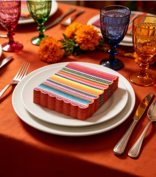 Servilletas Fiesta Mexicana de Rayas Multicolor con Borde Ondulado