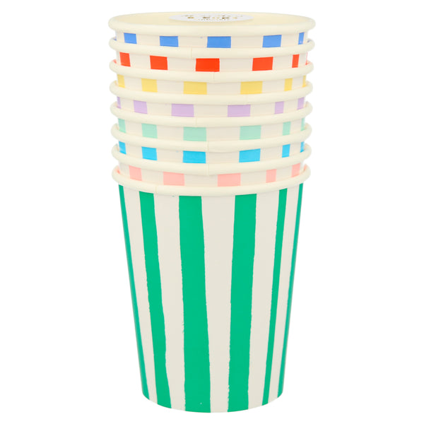 Mixed Stripe Cups – Pack de 8 Vasos de Papel para Fiesta Temática