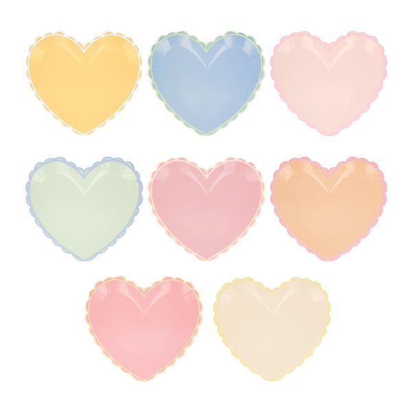 Platos Pastel Heart Small – Pack de 8 Platos de Papel en Forma de Corazón en Tonos Pastel