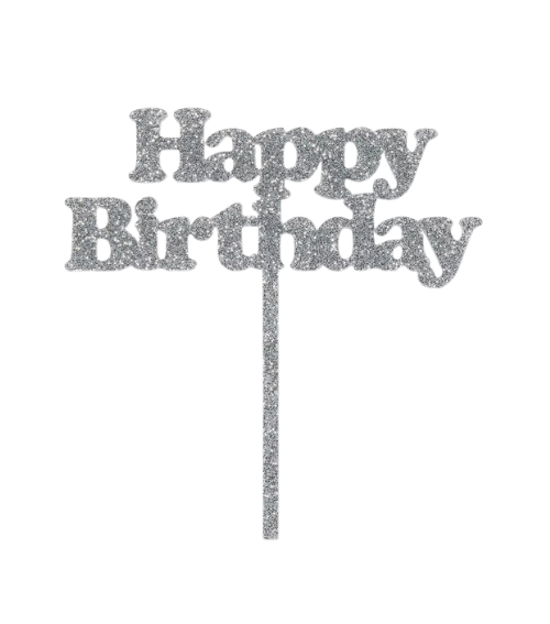 Cake Topper “Happy Birthday” Plateado con Glitter – Decoración para Pastel