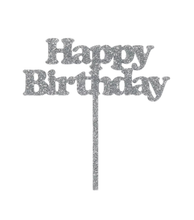 Cake Topper “Happy Birthday” Plateado con Glitter – Decoración para Pastel