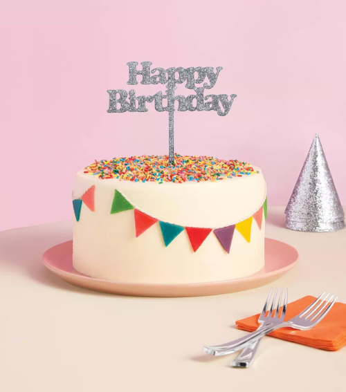 Cake Topper “Happy Birthday” Plateado con Glitter – Decoración para Pastel