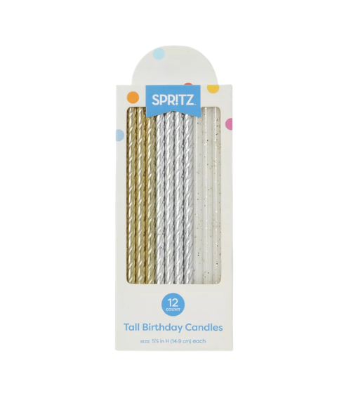 Velas de cumpleaños altas en espiral doradas/plateadas, paquete de 12 unidades