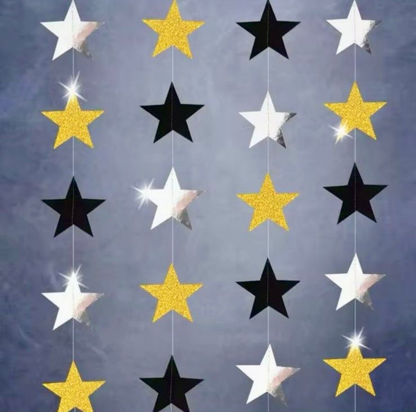Guirnalda de Estrellas Doradas, Negras y Plata – Decoración Brillante para Fiestas Elegantes y Temáticas