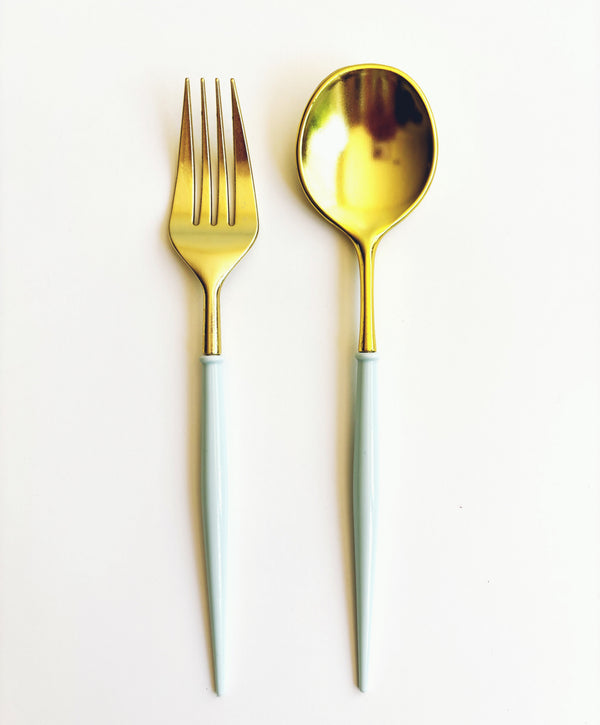 Cubiertos Azul y Dorado – Set de Cubiertos Desechables Elegantes para Fiestas