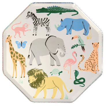 Platos Safari Animal Hexagonales 10" – Platos de Papel Grandes con Diseño de Animales para Fiesta (8 pzas)
