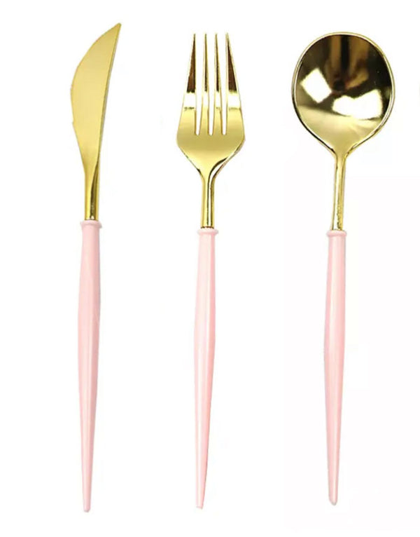 Cubiertos Desechables Rosa y Dorado - Cubiertos Desechables Rosa y Dorado
