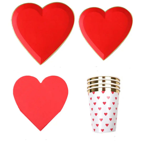 Colección Love Rojo – Platos, Vasos y Servilletas de Corazón para Fiestas Románticas y San Valentín