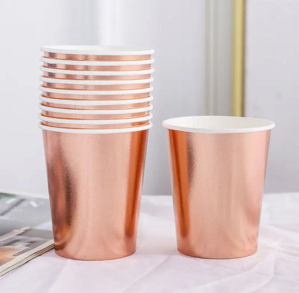 Vasos Chico Rose Gold Metálico – Pack de 8 Vasos de Papel Brillantes